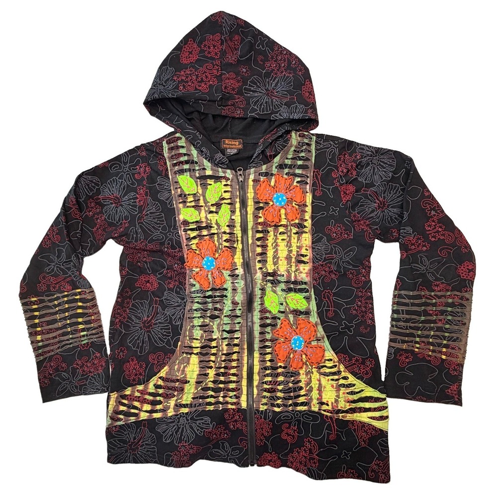 Rising International Womens Small Floral Patchwork Zip Hoodie Boho Festival